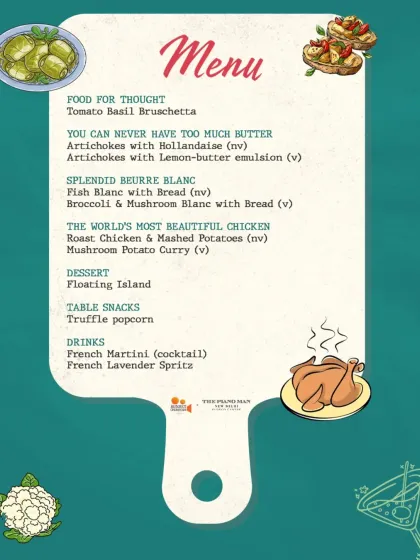 The menu for our Julie & Julia night, presented on a charming cutting board graphic. Dishes like "Splendid Beurre Blanc" and "The World's Most Beautiful Chicken" are taken directly from Julia Child's culinary world.