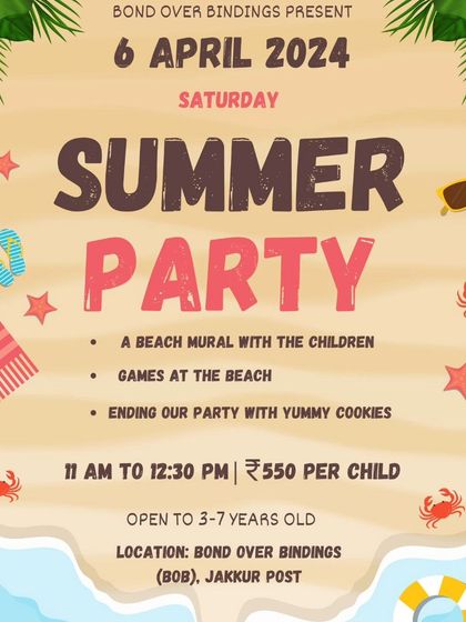 Our Summer Party invitation, promising a day of beachy fun. The event included creating a beach mural, playing themed games, and enjoying yummy cookies to beat the heat.