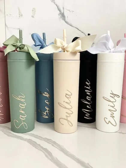 These matte-finish tumblers are perfect for group gifting, like for a bridal party or a team outing. I can personalize each one with a name in this elegant script, and they come in a variety of beautiful pastel colors.