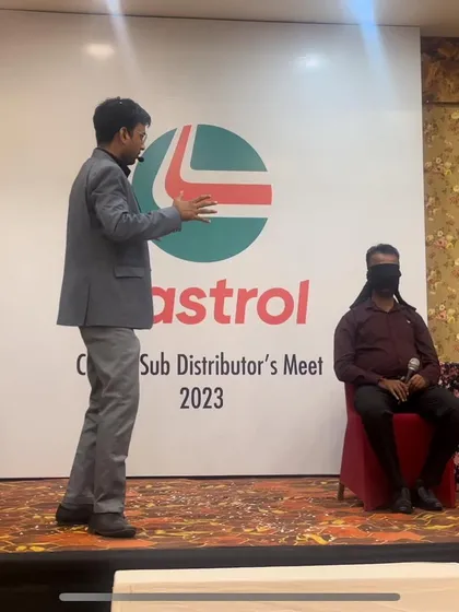 A blindfolded mentalism act in progress at the Castrol meet in Ramnagar, Uttarakhand.