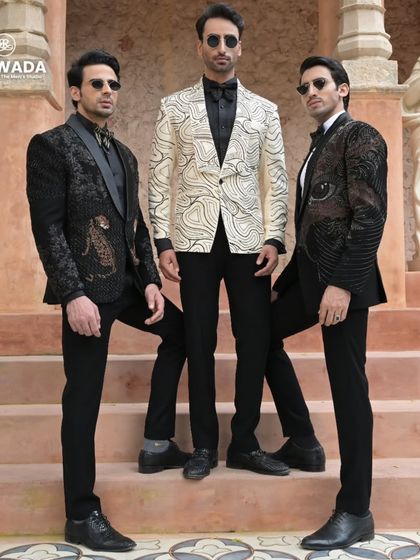 Three of our most distinctive tuxedos together. From the abstract linear pattern to the bold animal motifs, this image shows the breadth of our design capabilities.