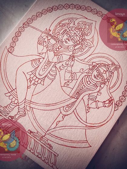 The red outline for a Banke Bihari with Radha Pyari painting. Using a red outline is a different approach that creates a softer final look.