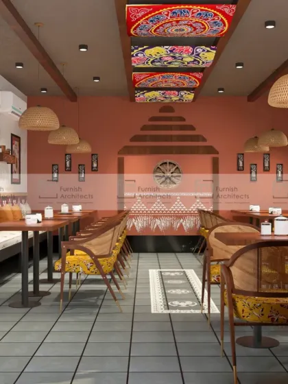 This cafe design is inspired by the rich culture of Odisha. We used traditional Pattachitra art on the ceiling, rustic terracotta colors, and cane furniture to create a cozy and culturally immersive dining experience.