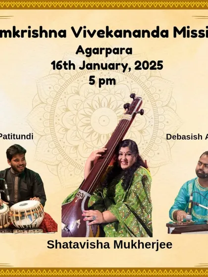 The announcement for a performance at the Ramkrishna Vivekananda Mission, Agarpara, with the brilliant vocalist Shatavisha Mukherjee.