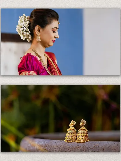 A creative composition pairing a profile shot of the bride with a detailed shot of her gold jhumka earrings. This tells a story by focusing on both the person and the intricate details.