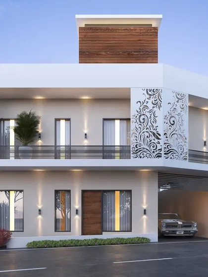 A residential corner plot project in Narnaul, Haryana. The design features a prominent decorative WPC jali screen, creating a beautiful focal point while providing privacy for the large balcony.