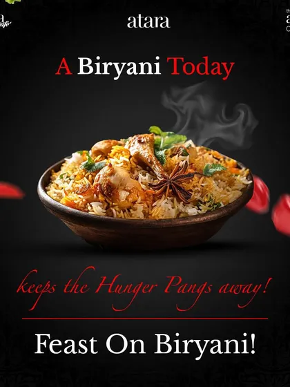 A delicious bowl of biryani, because a biryani today keeps the hunger pangs away. We masterfully prepare this classic dish with aromatic spices and tender meat or vegetables.