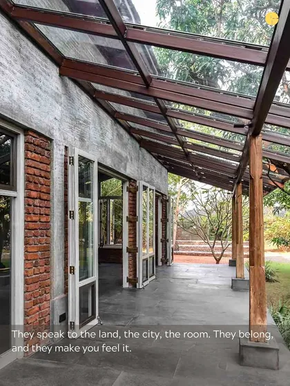 The materials we use speak to the land, the city, the room. They belong, and they make you feel it. This verandah with its brick walls and glass roof is a perfect example of a space that is both inside and outside.