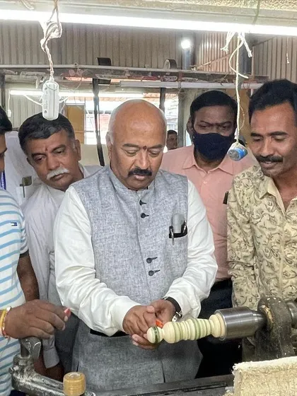 We had the privilege of showing Hon'ble Justice K.N. Phaneendra the intricate process of applying lacquer. He is seen here learning the technique from one of our experienced craftsmen during his visit to our factory.