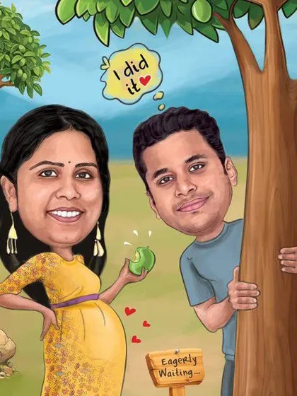 A close-up of the digital artwork for the expecting couple, highlighting the playful details.
