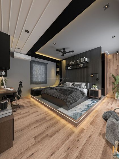 A wide view of the platform bed with integrated LED lighting, fluted wall paneling, and a dedicated study nook.