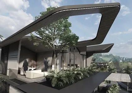 The rooftop bar at our Dona Paula project features a dramatic, shifting roof that frames views of the sea. This semi-open terrace garden is the highlight of the design, creating a premier social space that feels both sheltered and completely open to the elements.