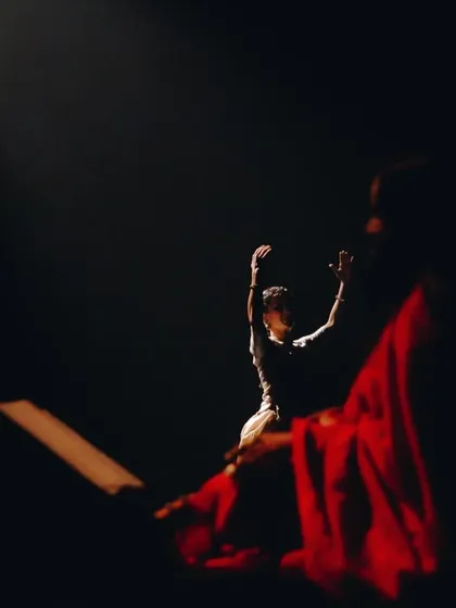 Another perspective on 'Mandala', where the dancer is a silhouette against the musician's vibrant presence. It speaks to the idea of music being the source from which movement emerges.