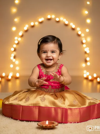 A child's first Diwali is a memory to treasure. We designed this festive setup with warm diyas and traditional attire to capture the pure, radiant joy of this little girl celebrating the festival of lights.