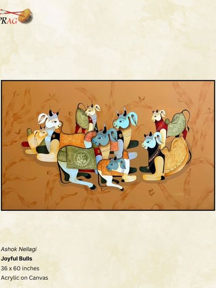 'Joyful Bulls' by Ashok Nellagi, a playful composition of decorated bulls that celebrates their sacred and cherished status in Indian culture.
