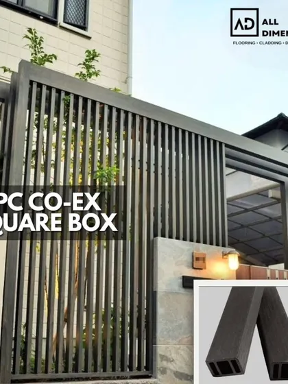 This image shows dark WPC co-ex square box louvers used to construct a modern gate and entryway. It's a durable and stylish choice that provides both privacy and curb appeal.