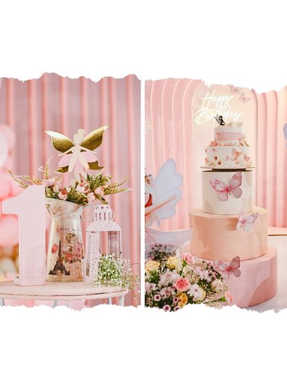 Details from a butterfly-themed party, including a beautiful multi-tiered cake with butterfly accents and a floral arrangement with a golden butterfly topper.