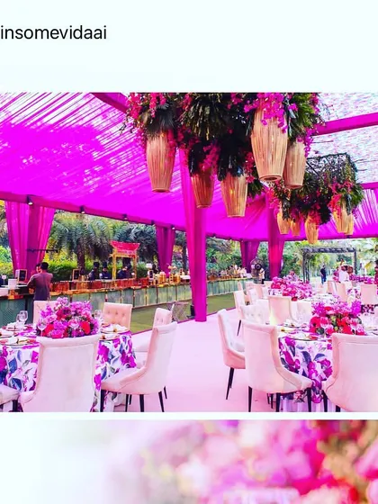 A stunning and vibrant Mehendi celebration we catered. The bright pink decor and hanging floral arrangements create a joyful atmosphere, and our buffet line is designed to complement the theme perfectly.