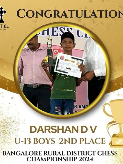 Hats off to Darshan D V for securing 2nd place in the U-13 Boys category at the Bangalore Rural District Chess Championship 2024.