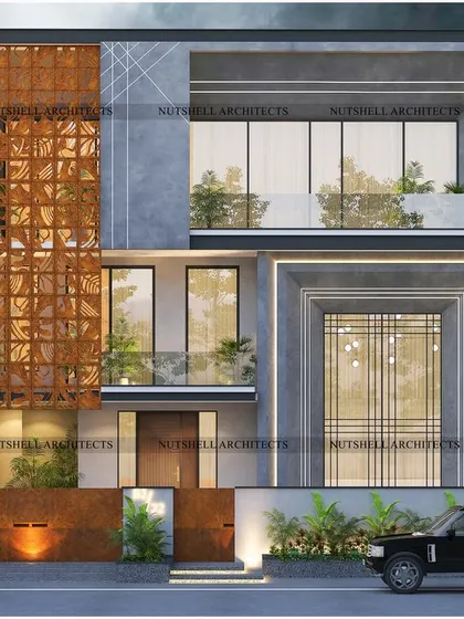To ensure privacy, this facade is screened with a custom Corten Steel jali. The intricate pattern allows for views from the inside out while creating a unique, landmark identity for the home with its weathered steel finish.