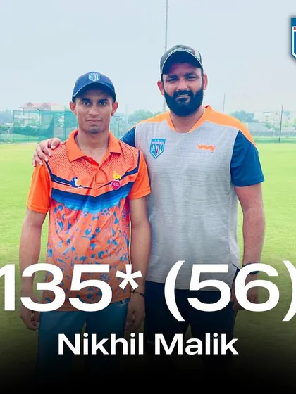 Nikhil Malik's blistering knock of 135 not out from just 56 balls in a DDCA T-20 league match. An exhibition of power hitting.