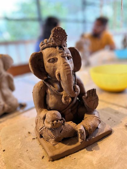 Glimpses from our Ganesha making workshops. You can see participants of all ages learning to sculpt, adding details, and bringing their beautiful idols to life under my guidance.
