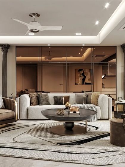 A living room that blends classic and contemporary styles, with a mirrored accent wall that adds depth. Our visualization highlights the mix of textures, from the velvet armchair to the patterned rug.