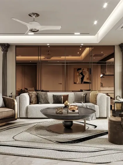 A living room that blends classic and contemporary styles, with a mirrored accent wall that adds depth. Our visualization highlights the mix of textures, from the velvet armchair to the patterned rug.