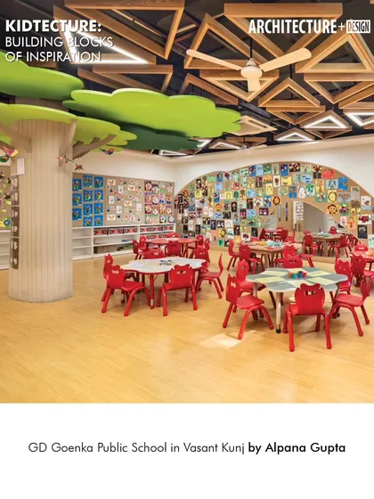 The cover image for the Architecture + Design feature on our work at GD Goenka Public School. The classroom's design, with its tree-like structures and vibrant art displays, fosters creativity and imagination.