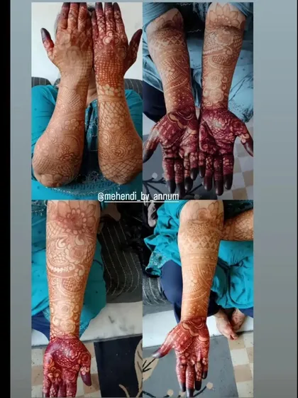 A collage showing the complete mehendi journey for a client, from the full-arm application to the deep, rich stain on both hands.
