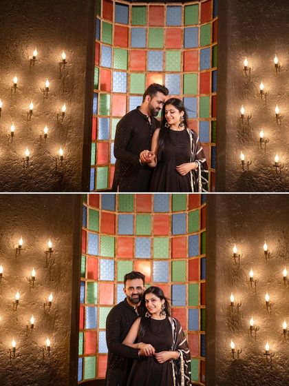 A collage of the couple in a room filled with candles. The warm, romantic lighting and the colorful stained-glass window create a beautiful and intimate atmosphere.
