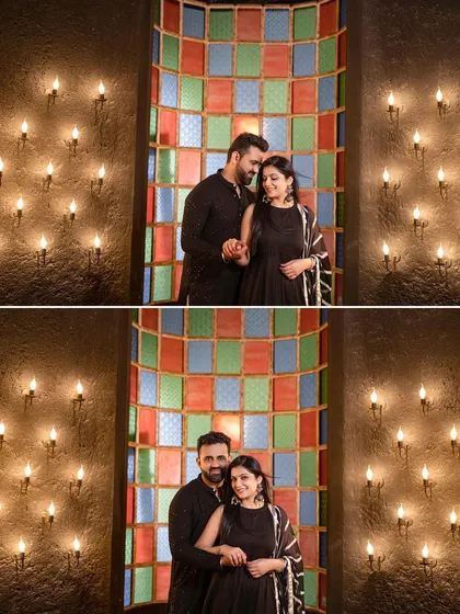 A collage of the couple in a room filled with candles. The warm, romantic lighting and the colorful stained-glass window create a beautiful and intimate atmosphere.