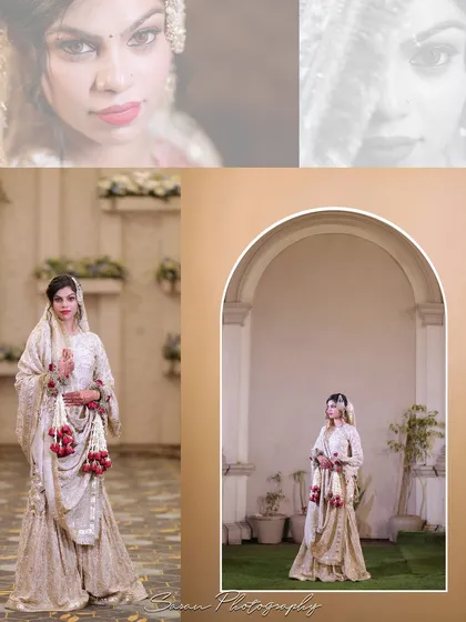 A collage of the bride's portraits from her Roka ceremony, highlighting her unique white and gold outfit.