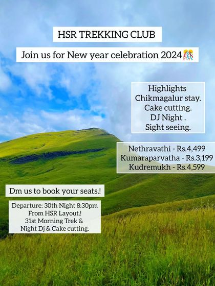 A promotional graphic detailing the New Year celebration packages for Nethravathi, Kumaraparvatha, and Kudremukh treks.