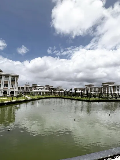 The expansive and beautiful water body at the new Jharkhand High Court complex. The serene environment belies the intensity of the legal battles fought within its walls.