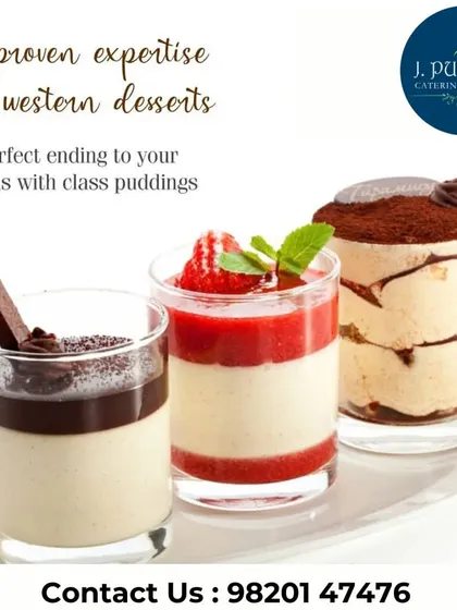 I offer a range of Western desserts served in elegant glass cups. This selection includes a strawberry mousse, a chocolate pudding, and a classic tiramisu, catering to diverse tastes.
