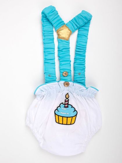 The front view of the baby boy's cupcake romper with suspenders.