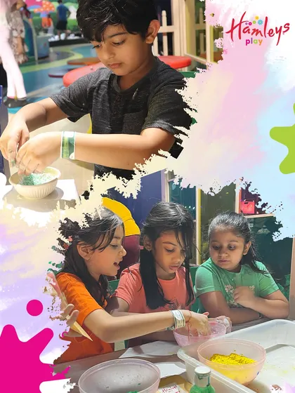 A collage of our little creators making their own natural Holi colors. It's a hands-on experience that teaches them about safe and sustainable celebrations while they have a blast.