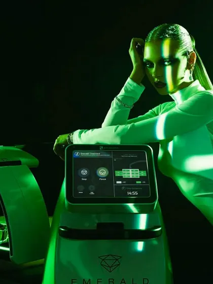 The Emerald Laser machine is a testament to advanced aesthetic science. This image shows fitness expert Deanne Pandey with the device, highlighting its status as a premier, game-changing treatment for effortless fat reduction.