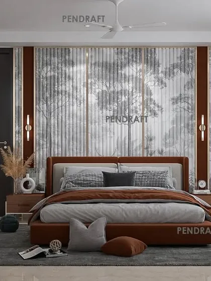 Elegance redefined. This master bedroom features custom tropical fabric paneling behind the bed, framed by dark wood, creating a sophisticated and unique focal point.