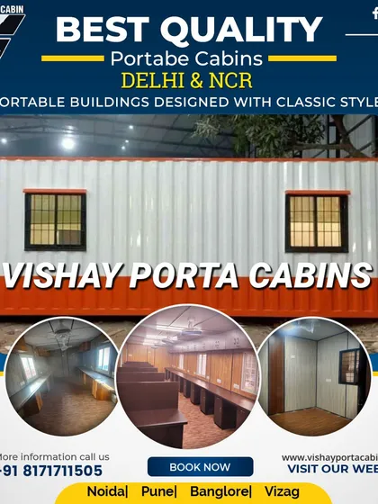 We provide the best quality portable cabins across Delhi and NCR. This image showcases a standard office cabin with windows, along with interior views of a conference room setup and bunkhouse, showing our range of commercial solutions.
