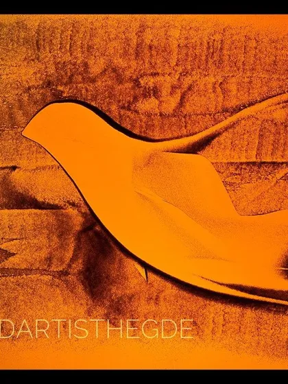The silhouette of a bird in flight, captured in sand. This minimalist piece focuses on the elegance of movement and form in nature.