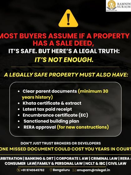 Most buyers assume a sale deed means a property is safe, but that is not enough. A legally secure property must have clear parent documents, a valid khata, paid tax receipts, and all sanctioned plans. We verify every document so you do not have to trust a broker's word.