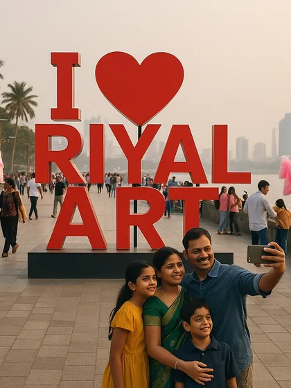 A family takes a selfie with a large 'I ❤️ RIYAL ART' sign at a tourist spot. This is a meta-commentary on my own work and the nature of art as a public spectacle.