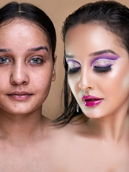 Showcasing creative artistry with this dramatic before-and-after. This look features a bold purple cut-crease with glitter, paired with a glossy pink lip. It’s a perfect example of how I can create unique, high-fashion looks for any special occasion.