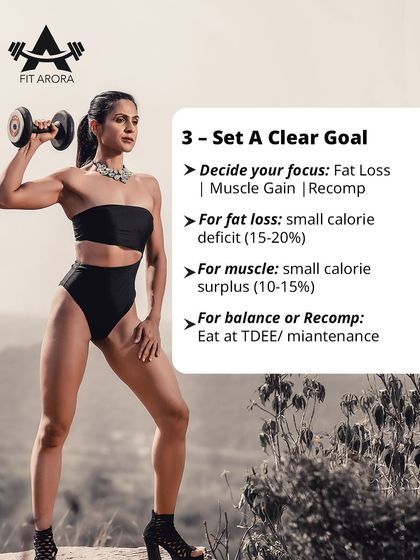 Step 3: Set a clear goal. Are you aiming for fat loss, muscle gain, or body recomposition? This slide provides the specific calorie targets (deficit, surplus, or maintenance) for each goal.