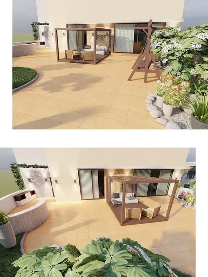 These renders illustrate different angles of the proposed terrace design, showcasing a curved seating bench, a modern square pergola, and a mix of lawn and paved areas to create different functional zones.