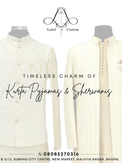 This image displays two of my core offerings side by side: a classic kurta with a Nehru jacket and a more formal sherwani. It illustrates the range of traditional and fusion wear I can create, all customized to your specific needs.
