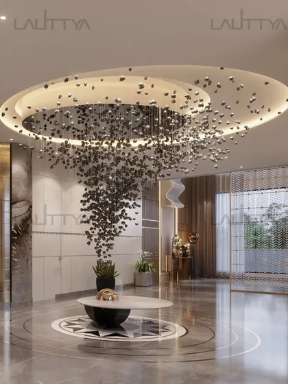 Another perspective of the grand foyer concept, this view shows how the sculptural chandelier interacts with the polished marble floor and its inlaid geometric pattern. The space is designed to feel open, artistic, and luxurious from the moment you step inside.