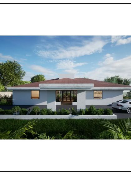 Another view of our upcoming minimalist villa. The design emphasizes horizontal lines and an open-plan feel, with the structure appearing to float above the lush green lawn.